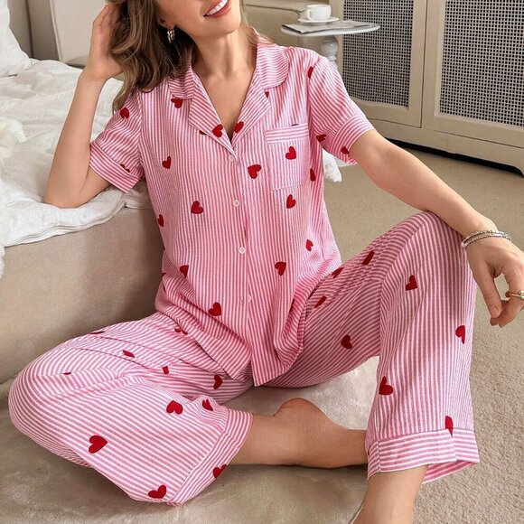 Pink Romantic Women's Valentine's Day Stripe & Heart Print Lapel Pajamas - Picture 5 of 6